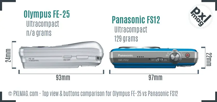 Olympus FE-25 vs Panasonic FS12 top view buttons comparison