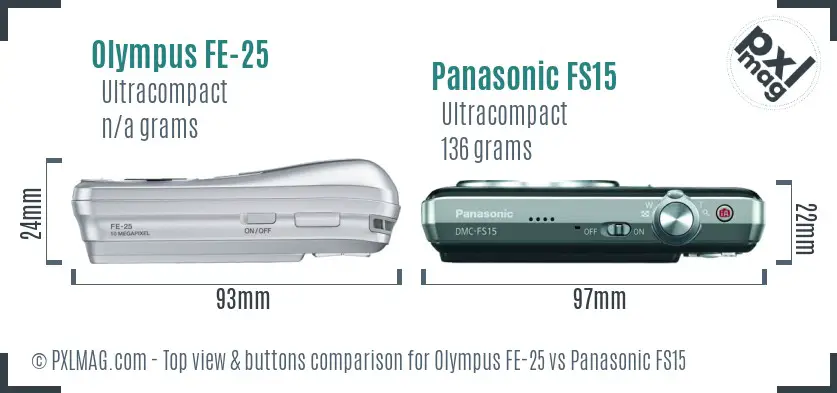 Olympus FE-25 vs Panasonic FS15 top view buttons comparison