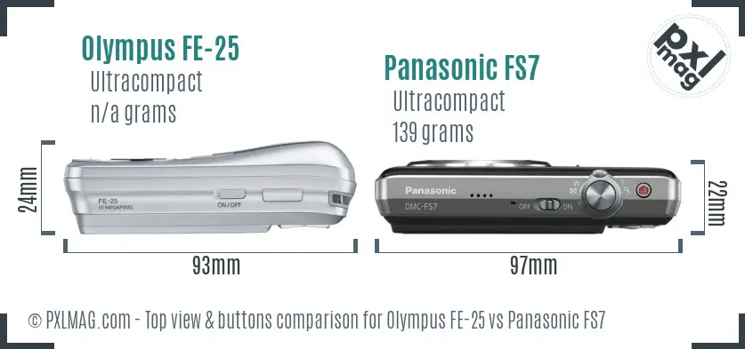 Olympus FE-25 vs Panasonic FS7 top view buttons comparison