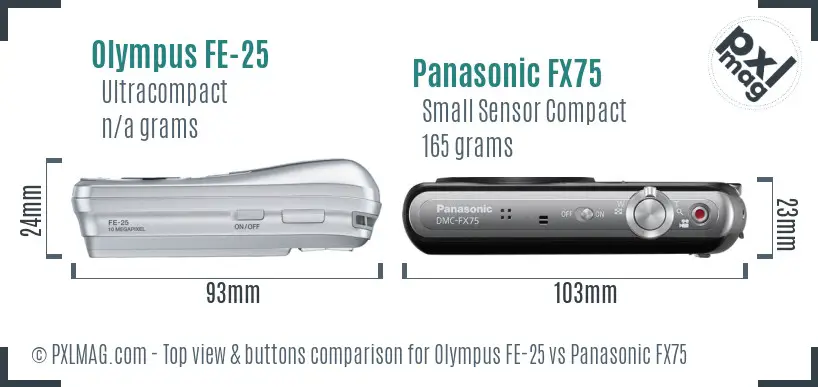 Olympus FE-25 vs Panasonic FX75 top view buttons comparison