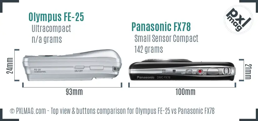 Olympus FE-25 vs Panasonic FX78 top view buttons comparison