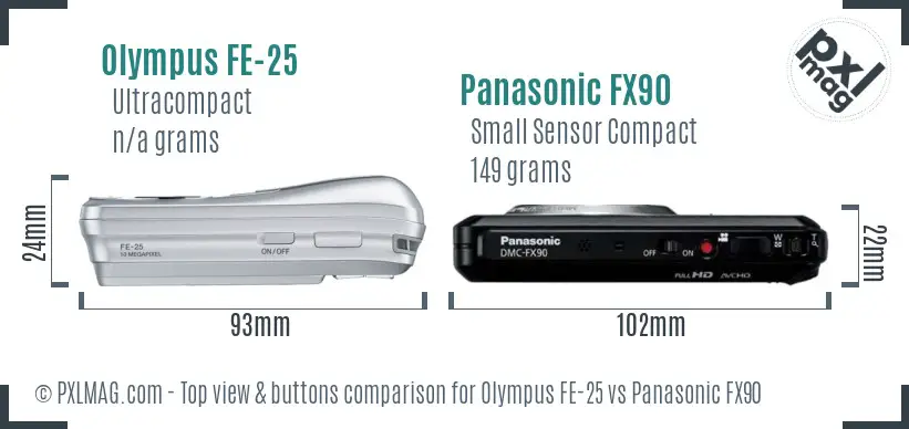 Olympus FE-25 vs Panasonic FX90 top view buttons comparison Olympus FE-25 vs Panasonic FX90 top view buttons comparison