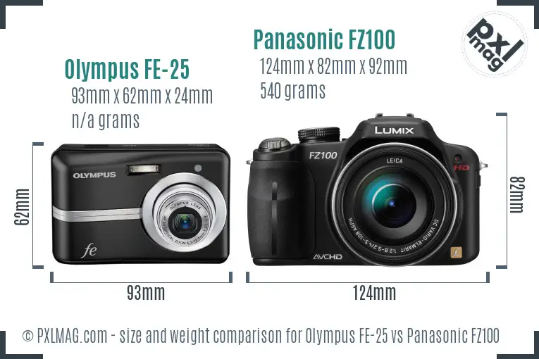 Olympus FE-25 vs Panasonic FZ100 size comparison