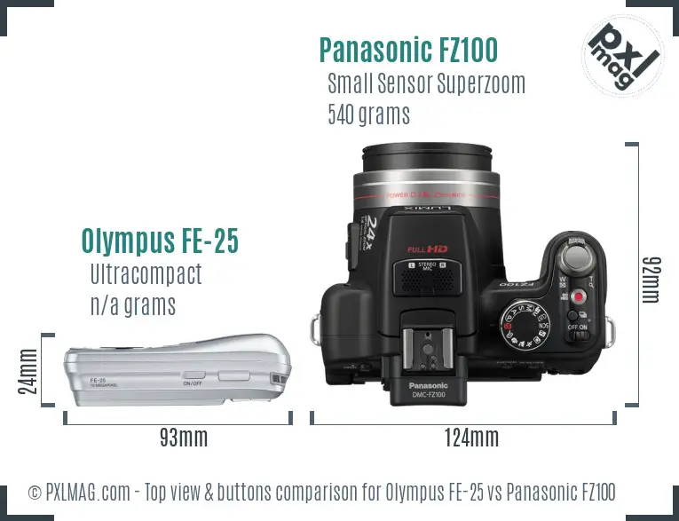 Olympus FE-25 vs Panasonic FZ100 top view buttons comparison