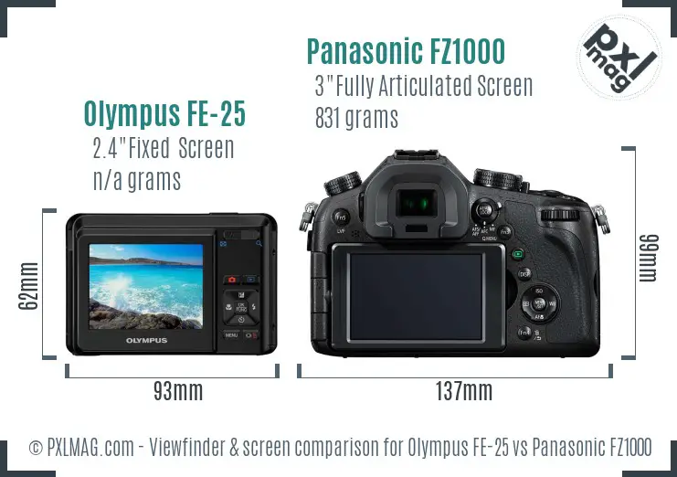 Olympus FE-25 vs Panasonic FZ1000 Screen and Viewfinder comparison