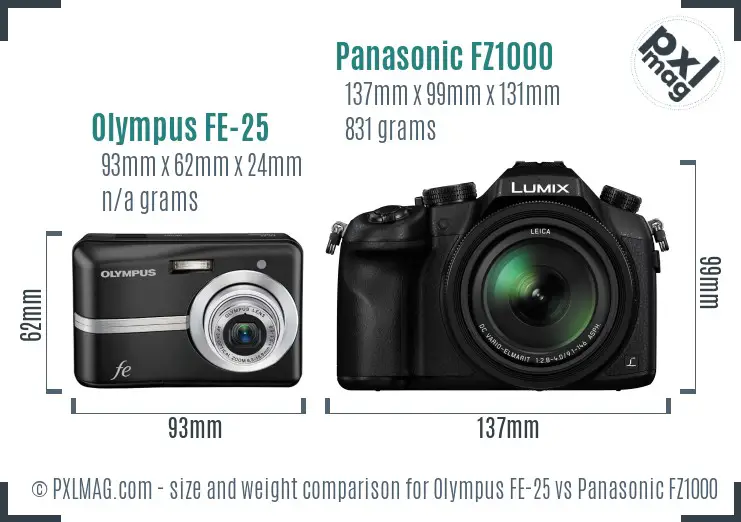 Olympus FE-25 vs Panasonic FZ1000 size comparison