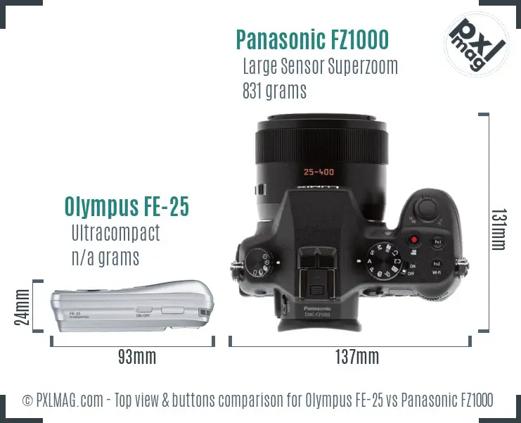 Olympus FE-25 vs Panasonic FZ1000 top view buttons comparison
