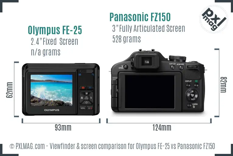 Olympus FE-25 vs Panasonic FZ150 Screen and Viewfinder comparison