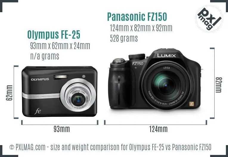 Olympus FE-25 vs Panasonic FZ150 size comparison