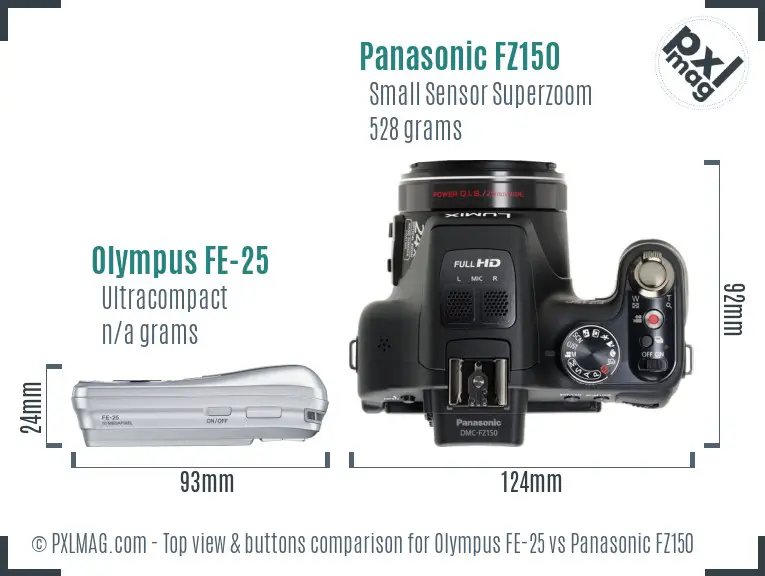 Olympus FE-25 vs Panasonic FZ150 top view buttons comparison