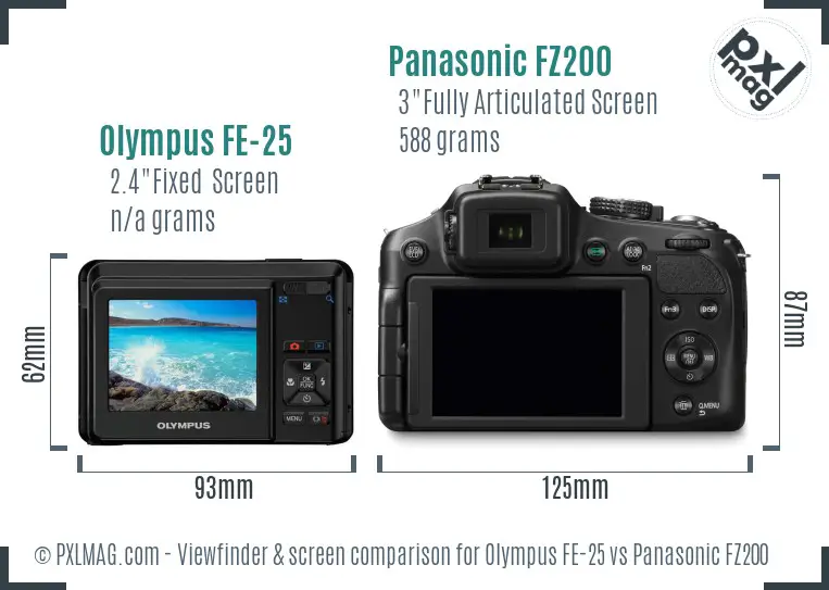 Olympus FE-25 vs Panasonic FZ200 Screen and Viewfinder comparison