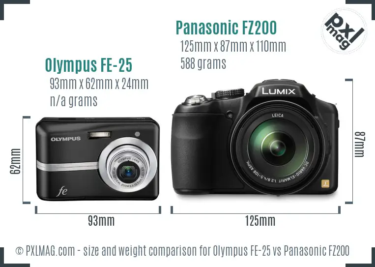 Olympus FE-25 vs Panasonic FZ200 size comparison
