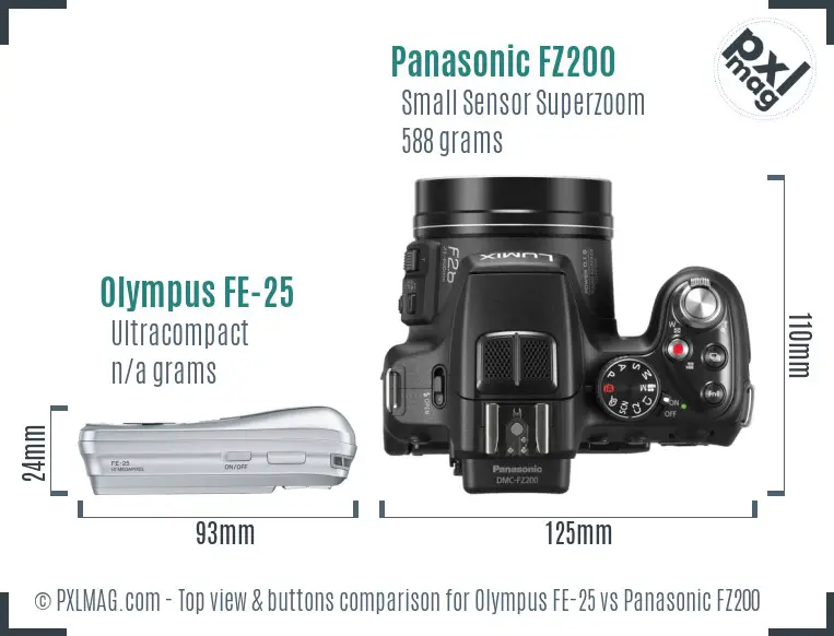 Olympus FE-25 vs Panasonic FZ200 top view buttons comparison