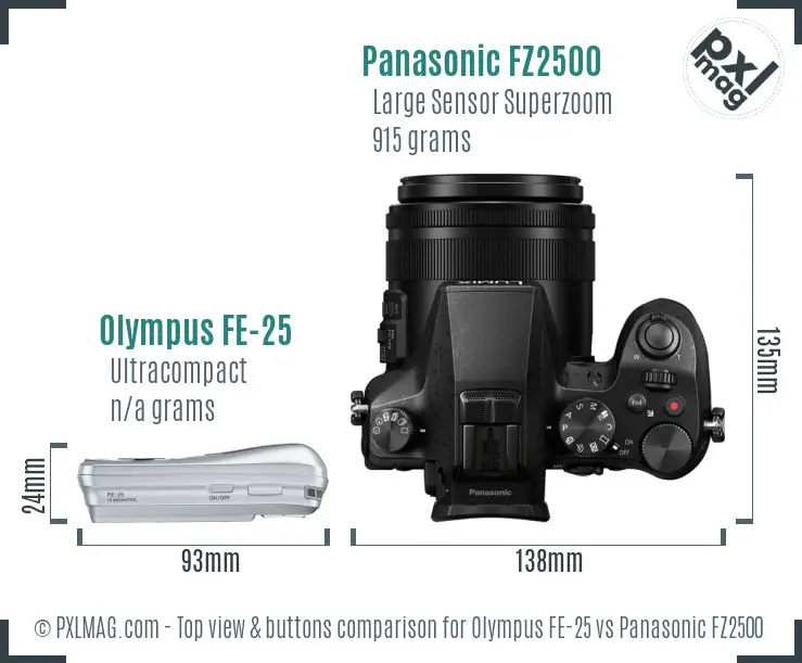 Olympus FE-25 vs Panasonic FZ2500 top view buttons comparison