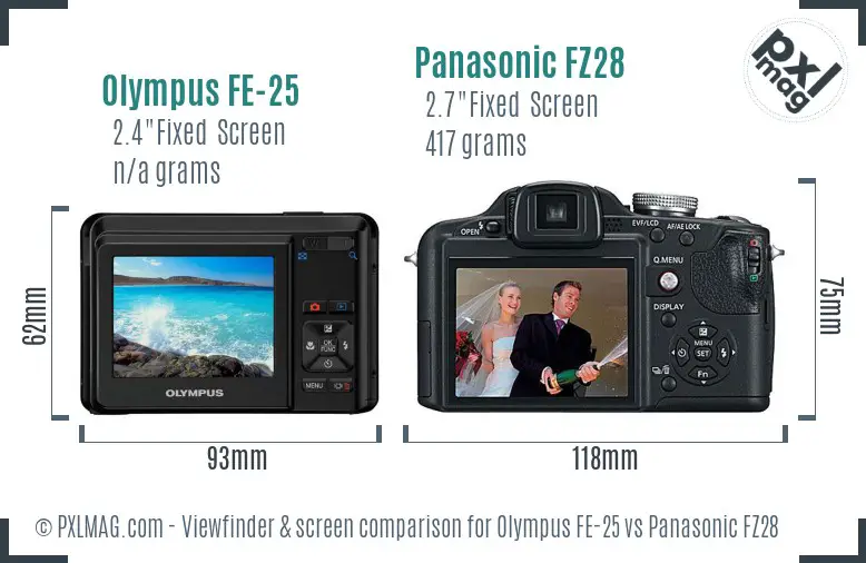 Olympus FE-25 vs Panasonic FZ28 Screen and Viewfinder comparison