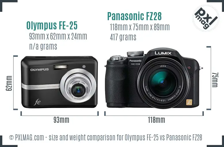 Olympus FE-25 vs Panasonic FZ28 size comparison