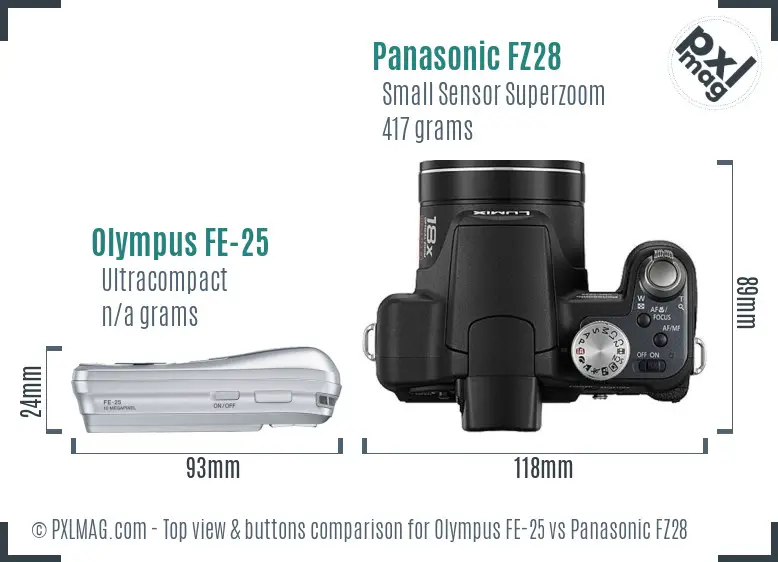Olympus FE-25 vs Panasonic FZ28 top view buttons comparison