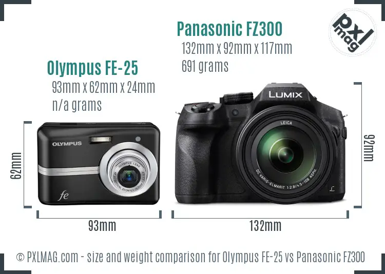 Olympus FE-25 vs Panasonic FZ300 size comparison