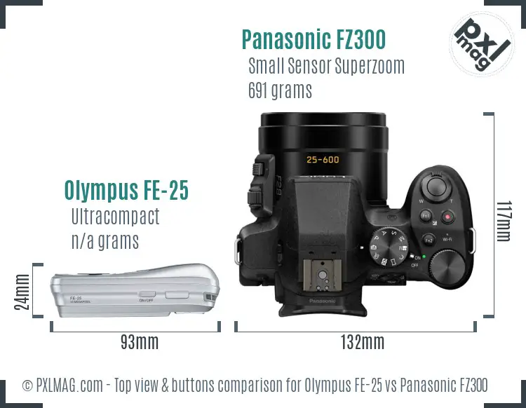 Olympus FE-25 vs Panasonic FZ300 top view buttons comparison