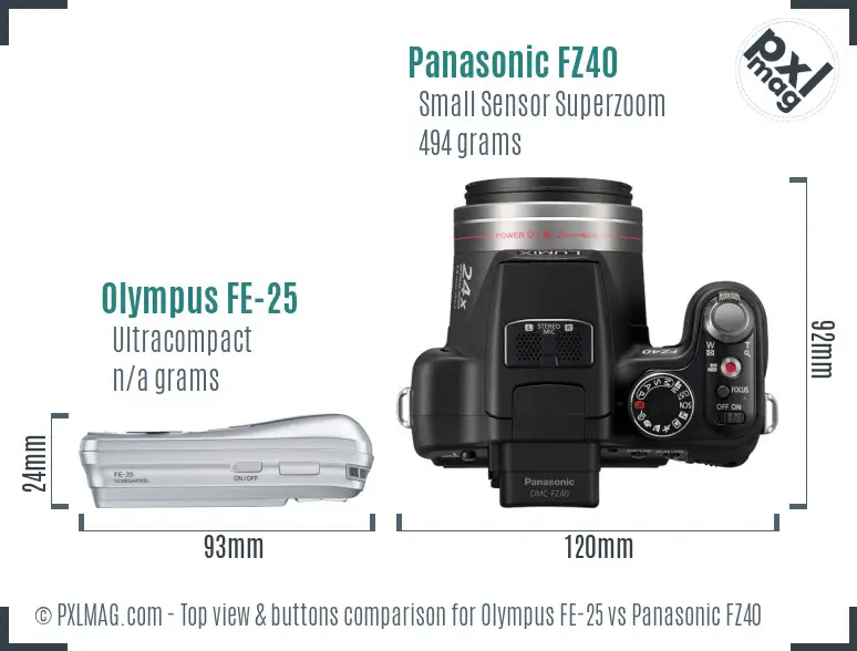 Olympus FE-25 vs Panasonic FZ40 top view buttons comparison