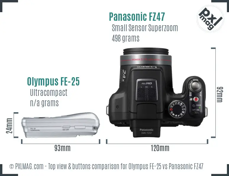 Olympus FE-25 vs Panasonic FZ47 top view buttons comparison