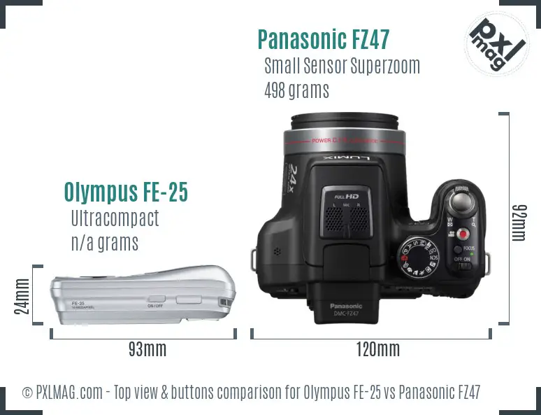 Olympus FE-25 vs Panasonic FZ47 top view buttons comparison Olympus FE-25 vs Panasonic FZ47 top view buttons comparison