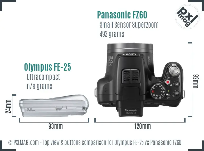 Olympus FE-25 vs Panasonic FZ60 top view buttons comparison