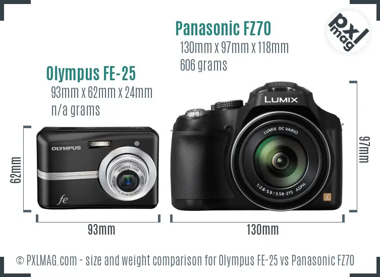 Olympus FE-25 vs Panasonic FZ70 size comparison Olympus FE-25 vs Panasonic FZ70 size comparison