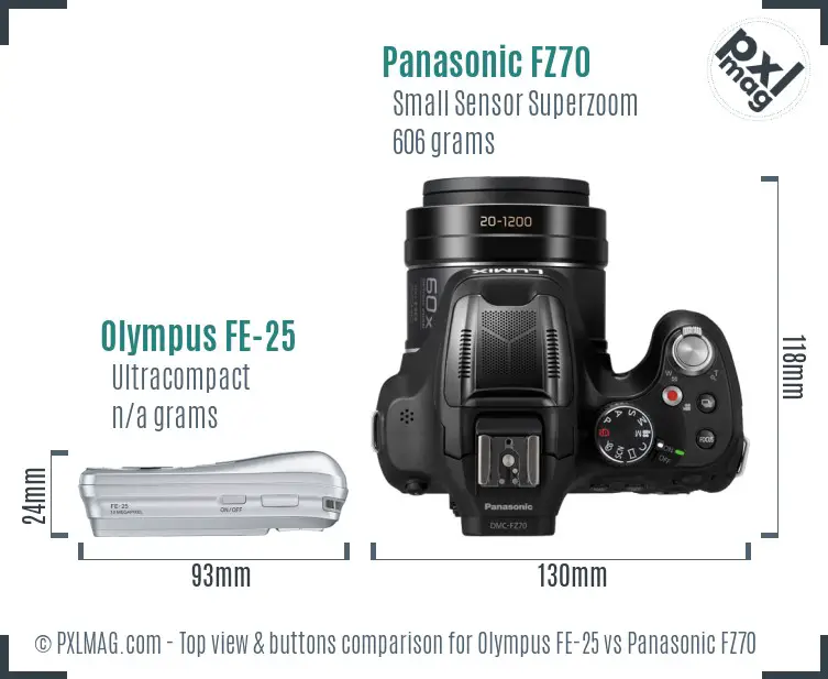 Olympus FE-25 vs Panasonic FZ70 top view buttons comparison Olympus FE-25 vs Panasonic FZ70 top view buttons comparison