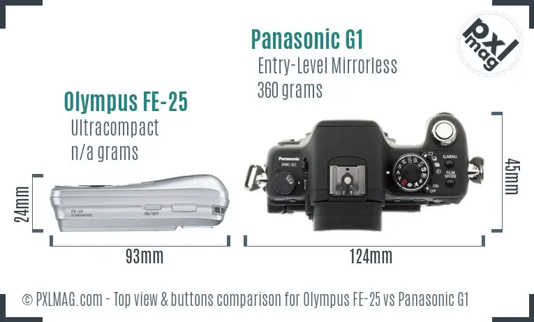 Olympus FE-25 vs Panasonic G1 top view buttons comparison