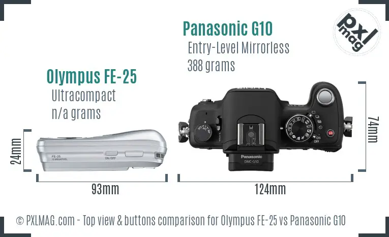 Olympus FE-25 vs Panasonic G10 top view buttons comparison