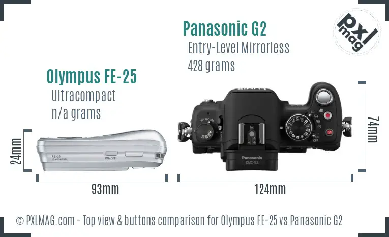 Olympus FE-25 vs Panasonic G2 top view buttons comparison