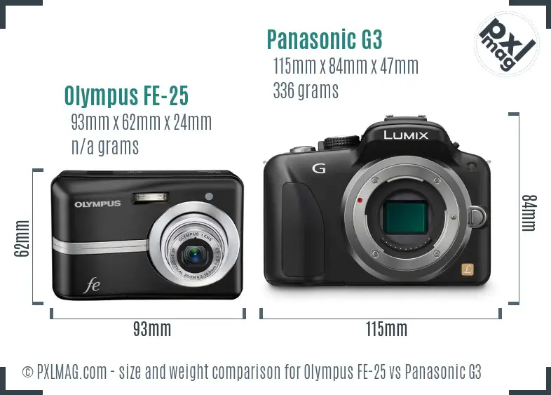 Olympus FE-25 vs Panasonic G3 size comparison