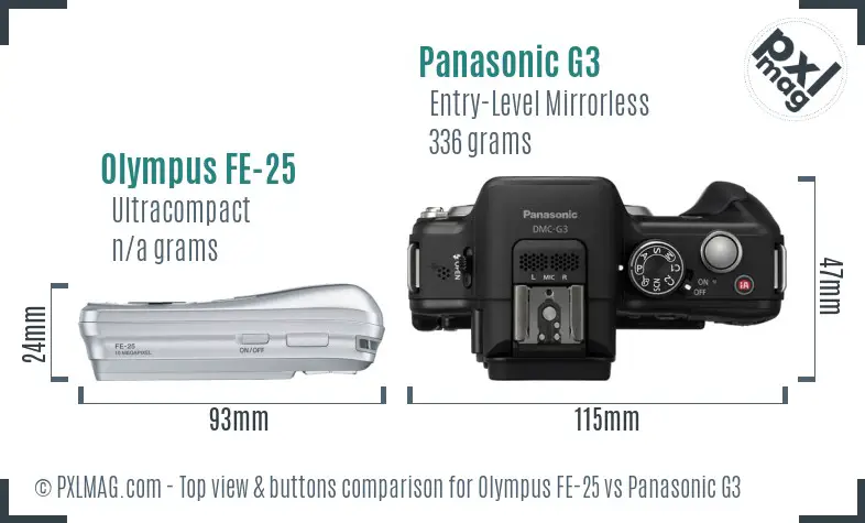 Olympus FE-25 vs Panasonic G3 top view buttons comparison