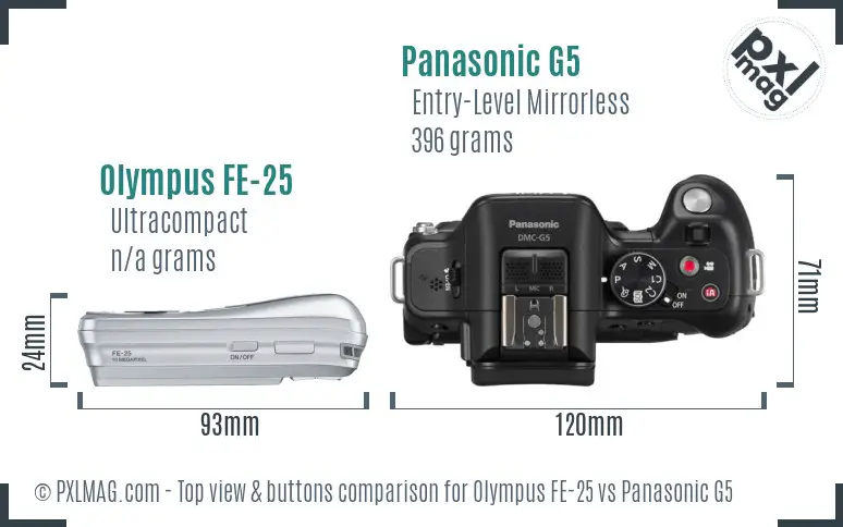 Olympus FE-25 vs Panasonic G5 top view buttons comparison