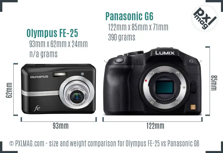 Olympus FE-25 vs Panasonic G6 size comparison Olympus FE-25 vs Panasonic G6 size comparison