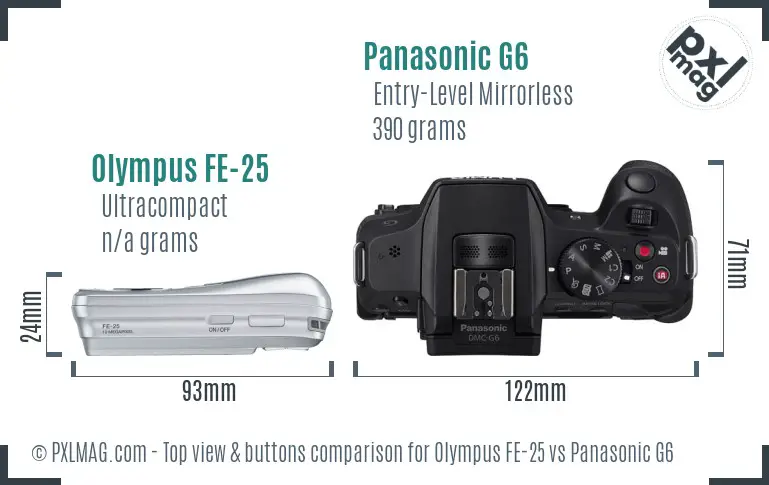 Olympus FE-25 vs Panasonic G6 top view buttons comparison Olympus FE-25 vs Panasonic G6 top view buttons comparison