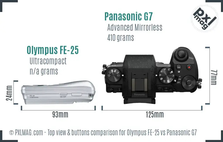 Olympus FE-25 vs Panasonic G7 top view buttons comparison