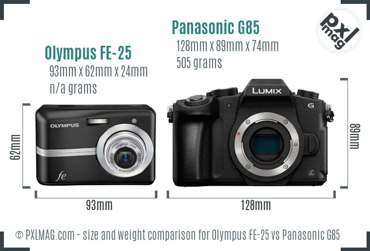 Olympus FE-25 vs Panasonic G85 size comparison