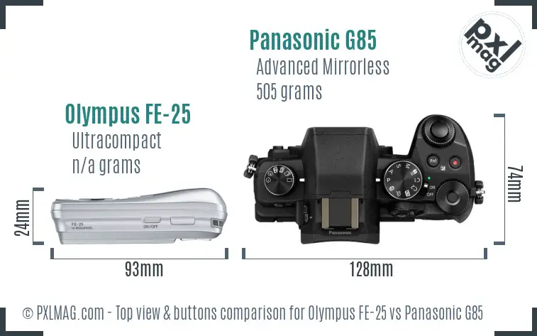 Olympus FE-25 vs Panasonic G85 top view buttons comparison