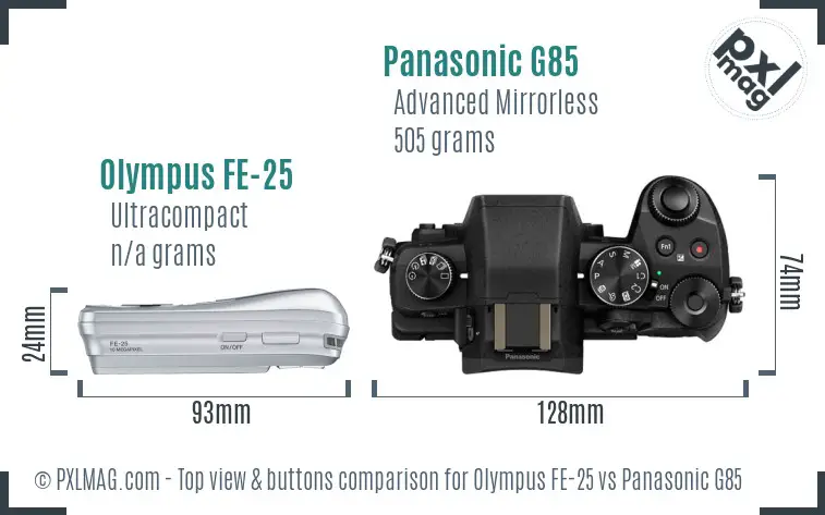 Olympus FE-25 vs Panasonic G85 top view buttons comparison Olympus FE-25 vs Panasonic G85 top view buttons comparison