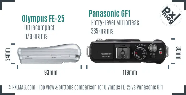 Olympus FE-25 vs Panasonic GF1 top view buttons comparison
