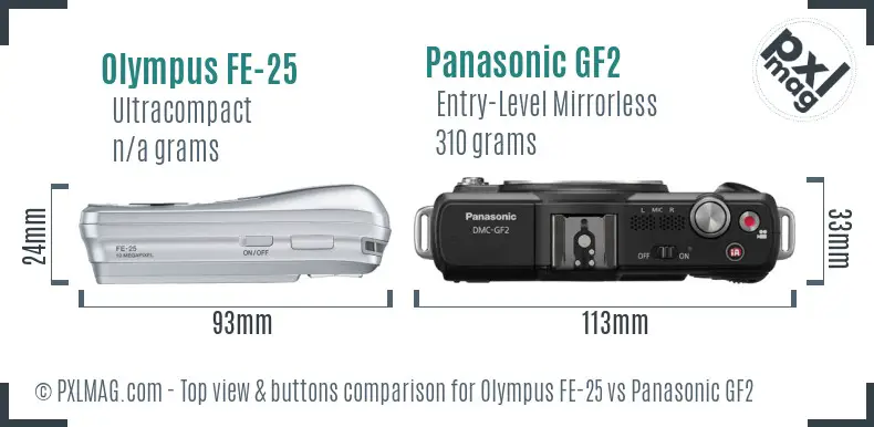 Olympus FE-25 vs Panasonic GF2 top view buttons comparison