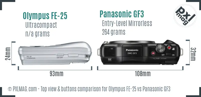 Olympus FE-25 vs Panasonic GF3 top view buttons comparison