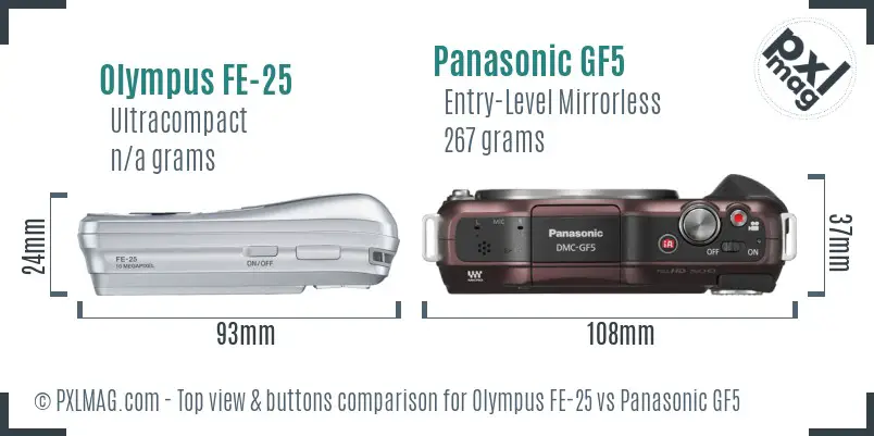 Olympus FE-25 vs Panasonic GF5 top view buttons comparison