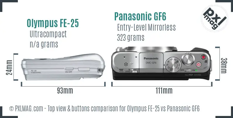 Olympus FE-25 vs Panasonic GF6 top view buttons comparison