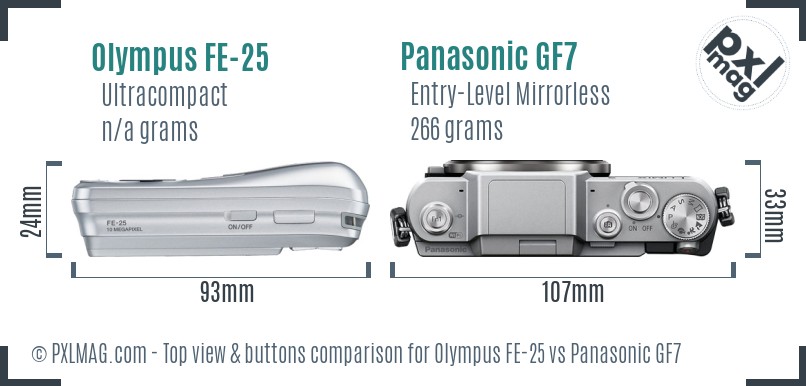 Olympus FE-25 vs Panasonic GF7 top view buttons comparison