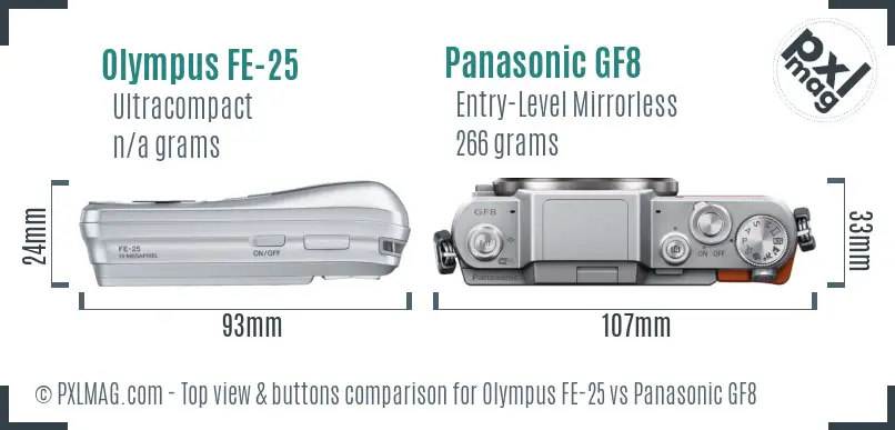 Olympus FE-25 vs Panasonic GF8 top view buttons comparison