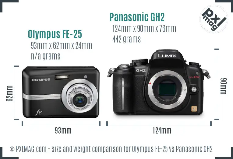 Olympus FE-25 vs Panasonic GH2 size comparison