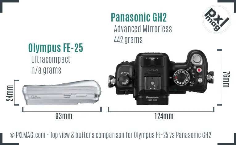 Olympus FE-25 vs Panasonic GH2 top view buttons comparison